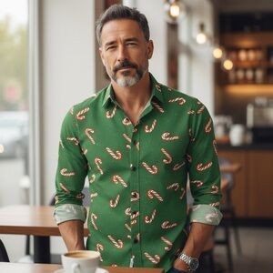 Festive Green Candy Cane Casual Button Down Shirt